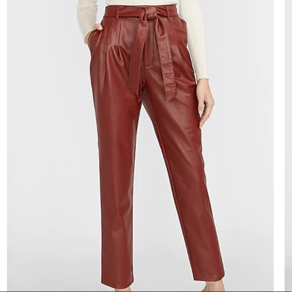 Super High Waisted Vegan Leather Belted Ankle Pant